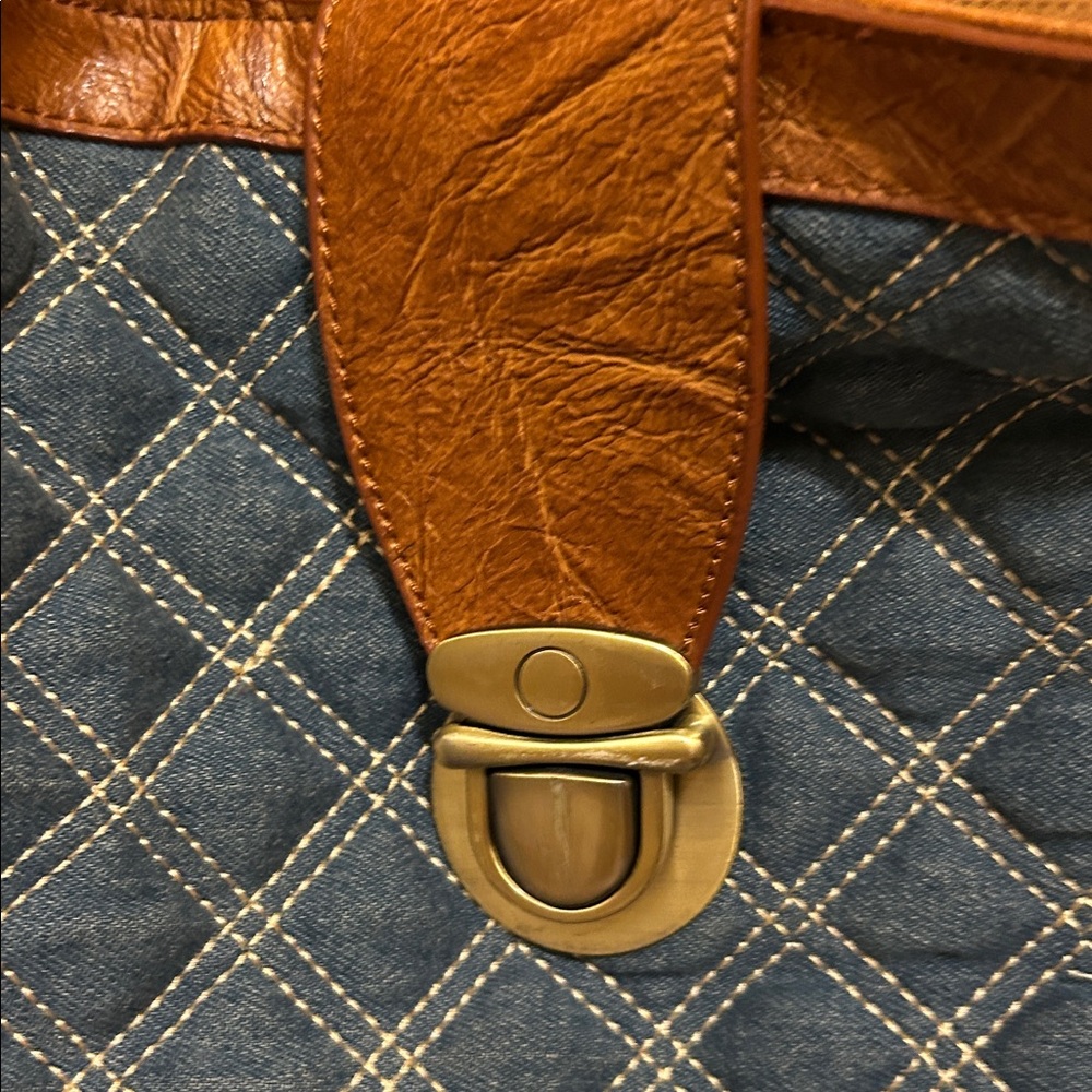 Denim and Faux Leather Diamond Stitched Hobo Style Bag - Picture 3 of 15